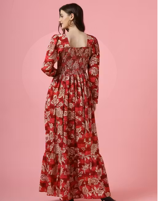 Floral Print Crepe Fit and Flare Red Dress