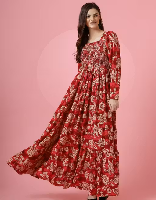 Floral Print Crepe Fit and Flare Red Dress