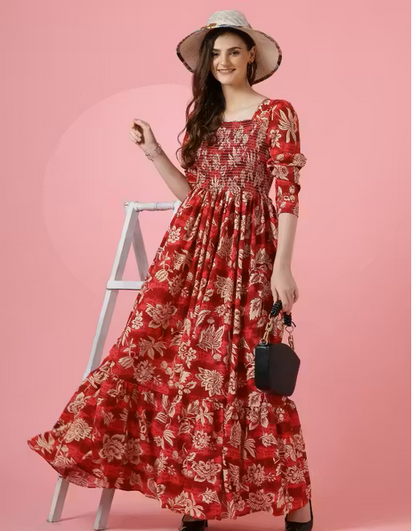 Floral Print Crepe Fit and Flare Red Dress